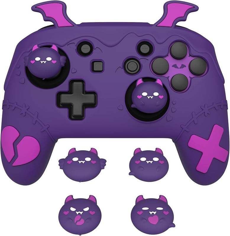 PlayVital Gothic Imp Series Cute Silicone Case for Nintendo Switch Pro Controller with 4 Thumb Grip & 2 Sticker, Non-Slip Anti-Scratch Protective Silicone Skin Cover - Purple