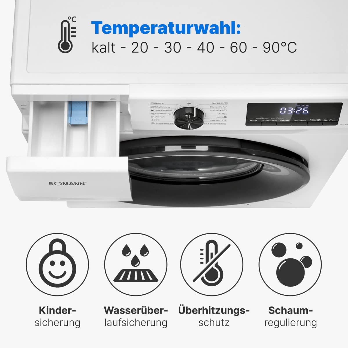 Bomann® Pralka 8 kg, maks. 1400 obr./min, wytrzymały, cichy i trwały silnik inwertorowy, 15 programów prania, wyświetlacz LED, pralka z funkcją pary, WA 7185