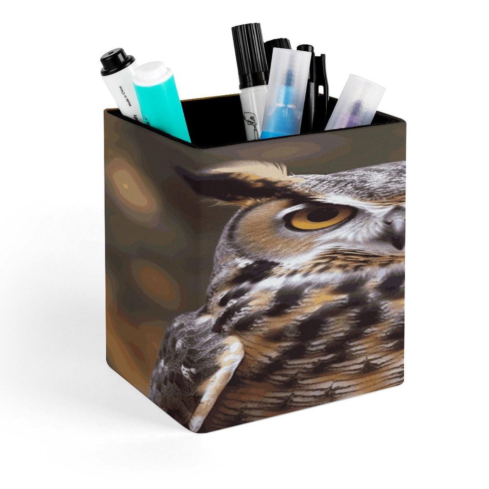 JTREHY Owl Birds Pen Holder Square Pen Pencil Holder Makeup Brush Holders Cup PU Leather Pencil Cups Desktop Caddy Stationery Organizer Case Office Accessories Container Box