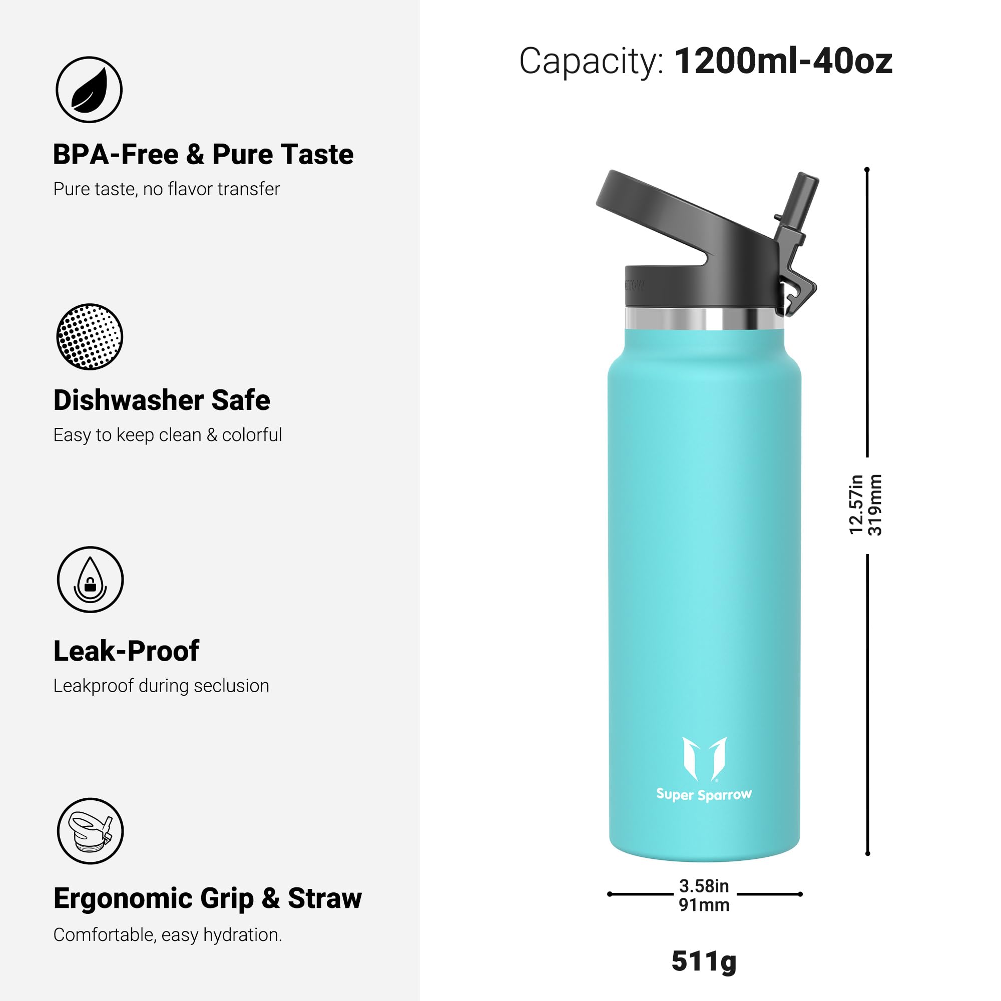 Super Sparrow Borraccia Termica - 500ml, 750ml, 1000ml, 1.2L, 1.5L- SwivelSip Inox Bottiglia - Senza BPA Borracce Termiche, Borraccia Ergonomica per Bambini, Sportiva, Bici, Campeggio, Palestra