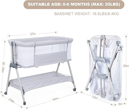 Miniatura 7 de ANGELBLISS Moisés para bebé, cuna portátil fácil de plegar para bebé con ruedas, altura ajustable, colchón incluido (beige)