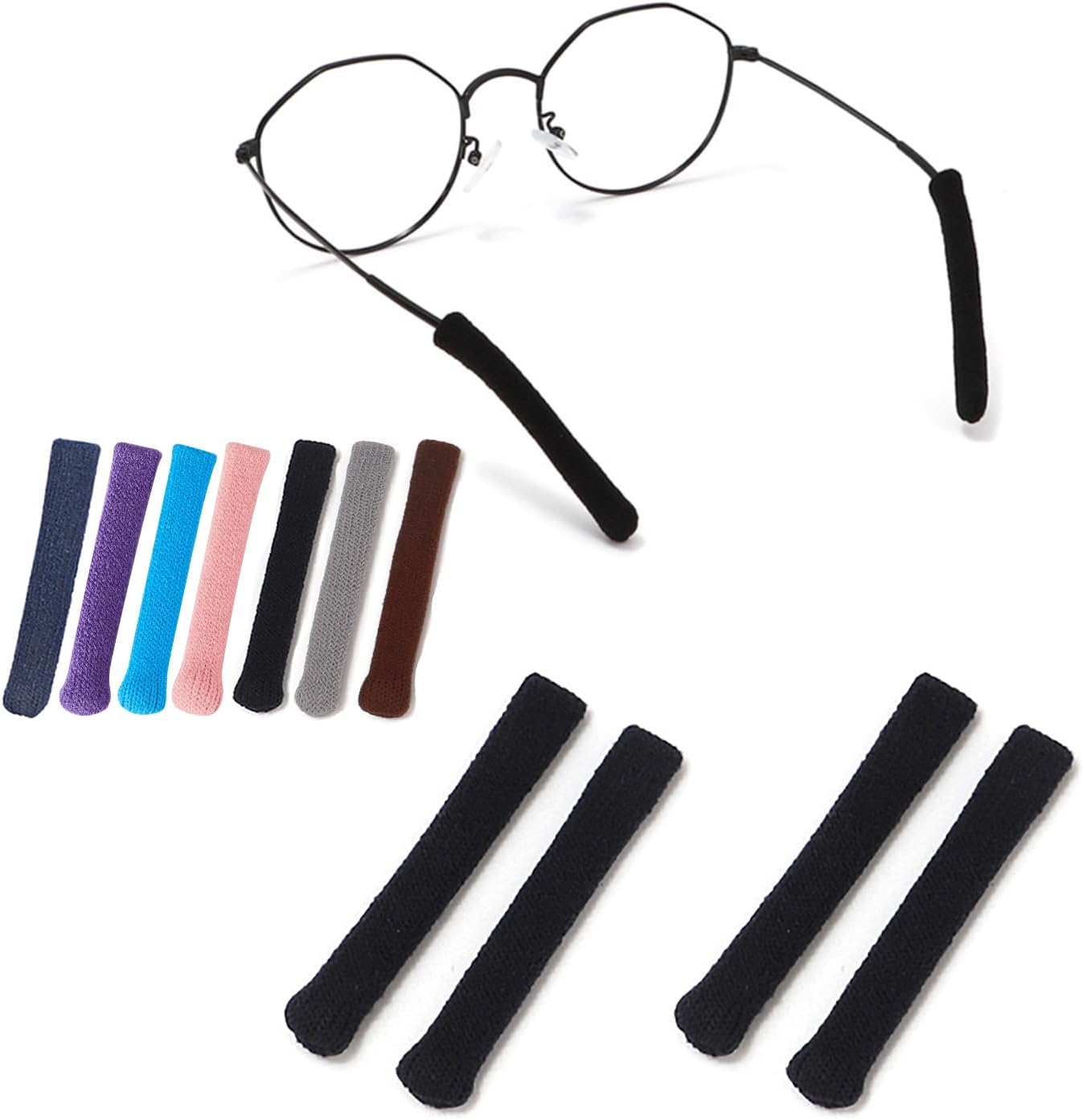 Upgrade Soft Knitting Cotton Fabric Glasses Ear Cushion, Anti-Slip Elastic Comfort Eyeglasses Temple Tips Sleeve Retainer, Eyeglass Ear Cushions Grips for Glasses Sunglasses Eyewear(2pairs Black)