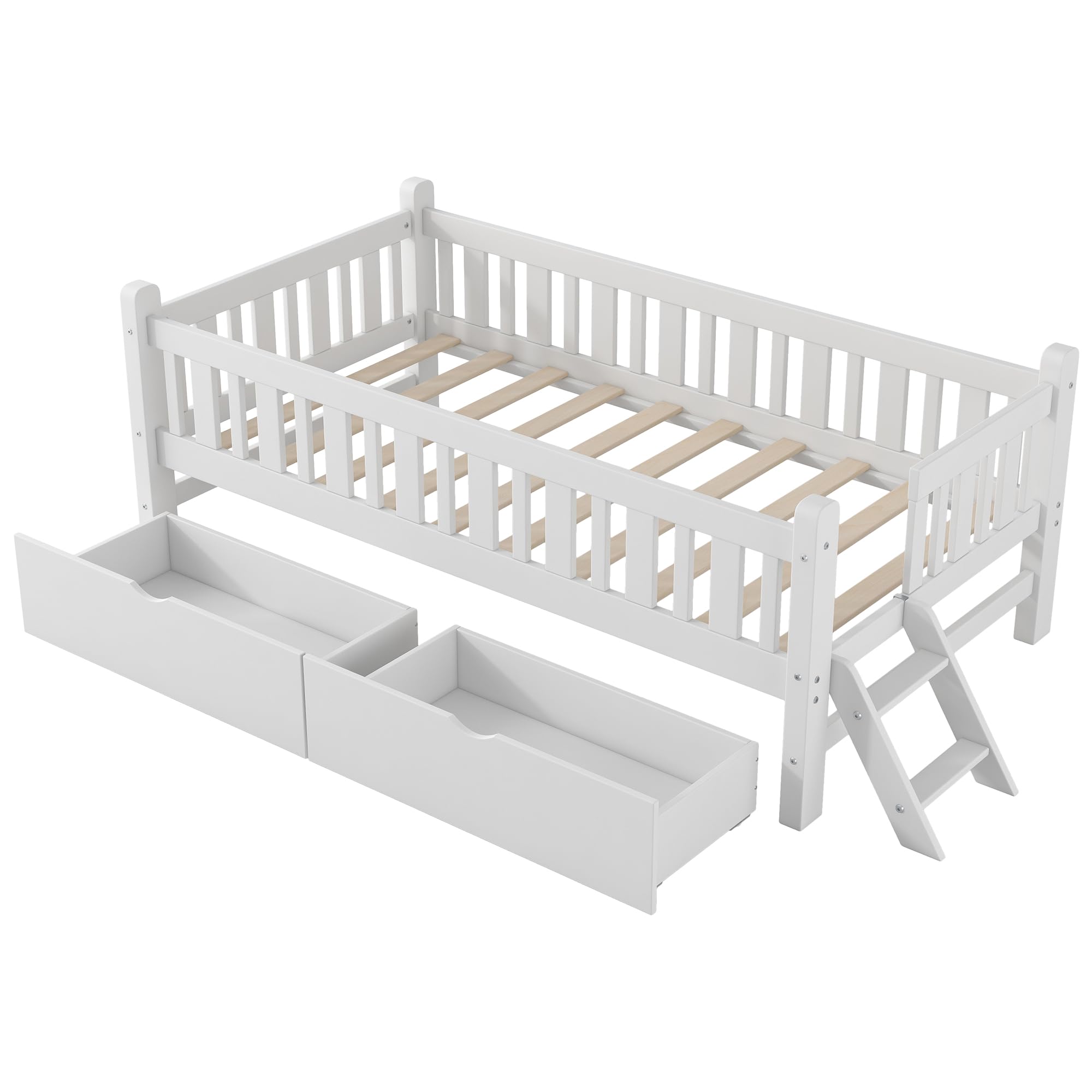 LUMISOL Twin Low Bed Frame with Drawers, Wood Twin Size Floor Bed with Guardrail and Slide Ladder for Girls Boys Teens Twin White