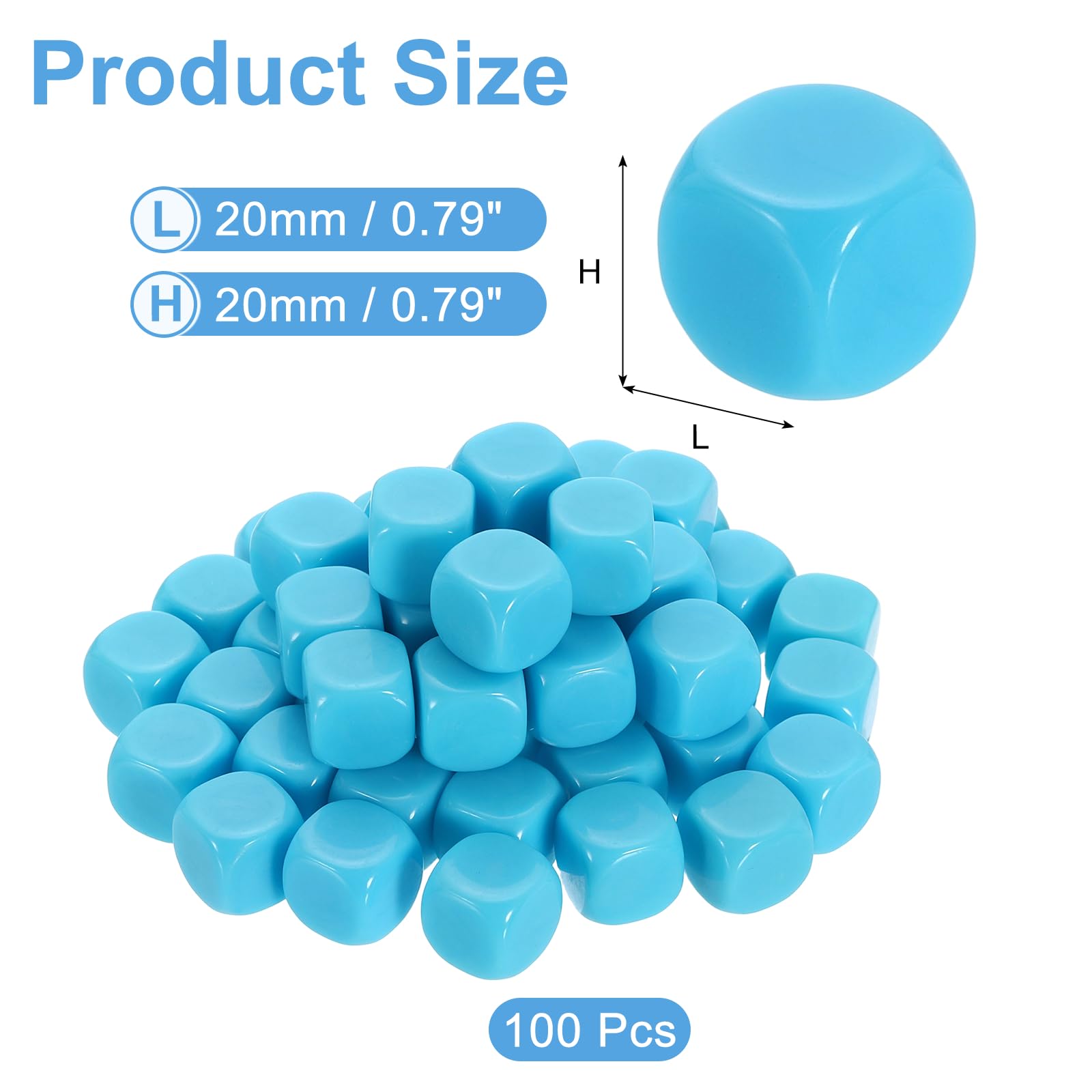 uxcell Lot de 100 dés vierges arrondis en acrylique à 6 faces avec surface lisse pour jeux de société, loisirs créatifs, 20 mm, bleu ciel