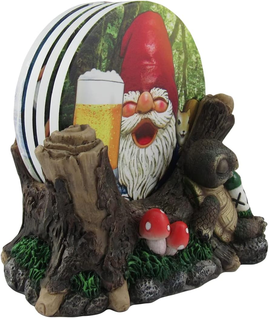 World of Wonders Gifts Gnome Life of The Party Coaster Set | 4pc Naughty Drunk Gnome Kitchen Bar Accessories | Neutral Glossy Square Coasters