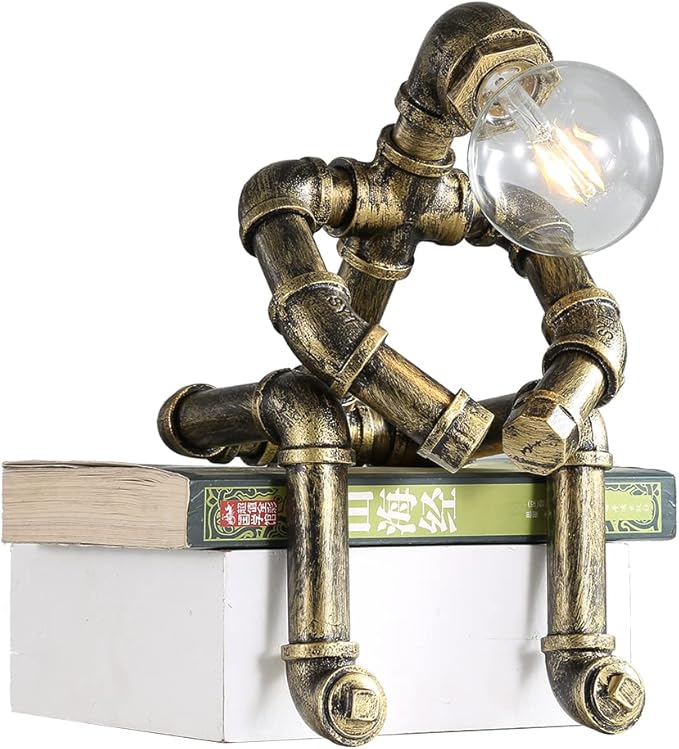 EFINEHOME Water Pipe Table Lamp Robot Style- Retro Industrial Table Light- Antique Steampunk Metal Desk Lamp Bedside Lighting Fixture for Office, Reading Kids Room, Cafe Bar (Bronze-Style C)