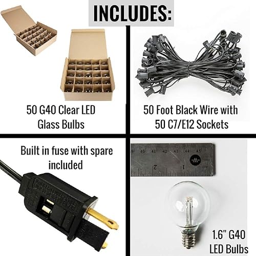 Miniatura 8 de Hometown Evolution, Inc. Tira de luces LED G40 de 50 pies para exteriores (bombillas LED G40 de 0.6 W, cable negro) para iluminación de patio