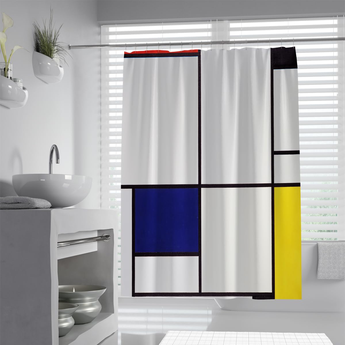 OLLIAR Home Nordic Minimalist Grid Shower Curtains Abstract Geometric Black Lines Large Blue Yellow Modern Waterproof Fabric Bath Curtain with Hooks 100x180cm