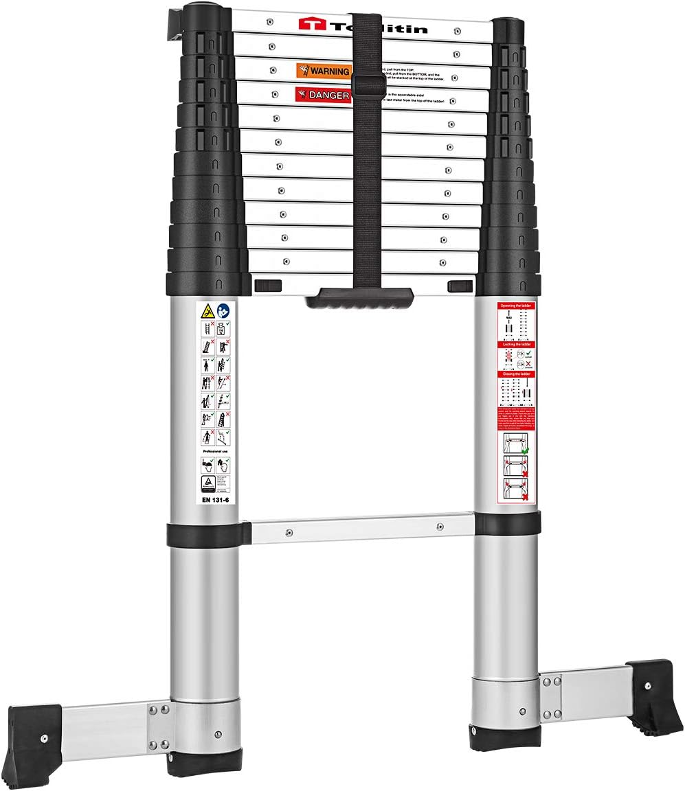 TOOLITIN 12.5 FT Pro Telescoping Ladder, One Button Retraction Aluminum Telescopic Extension Ladder,Slow Down Design Extendable Ladders Portable for Household Daily or RV Work,330 Pound Capacity