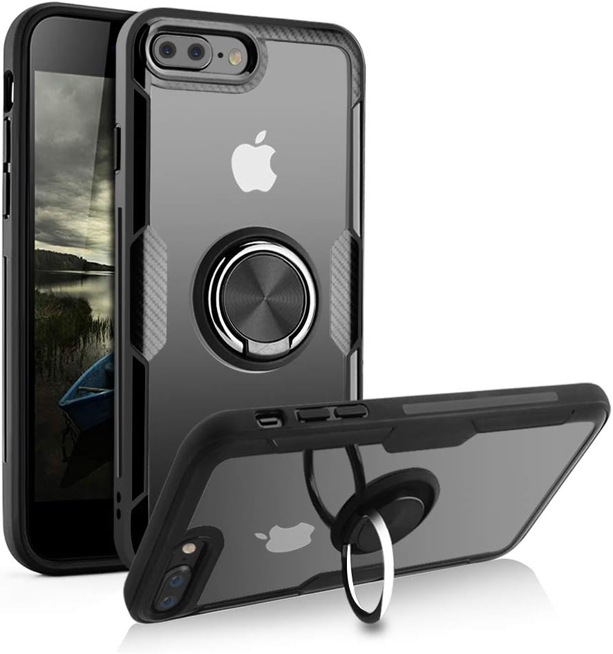 Phone Case Compatible iPhone 7 Plus, iPhone 8 Plus, Tempered Glass Back Cover Case with 360°Swivel Ring Kickstand Shock Absorption Anti-Scratch Cover Case,cp8