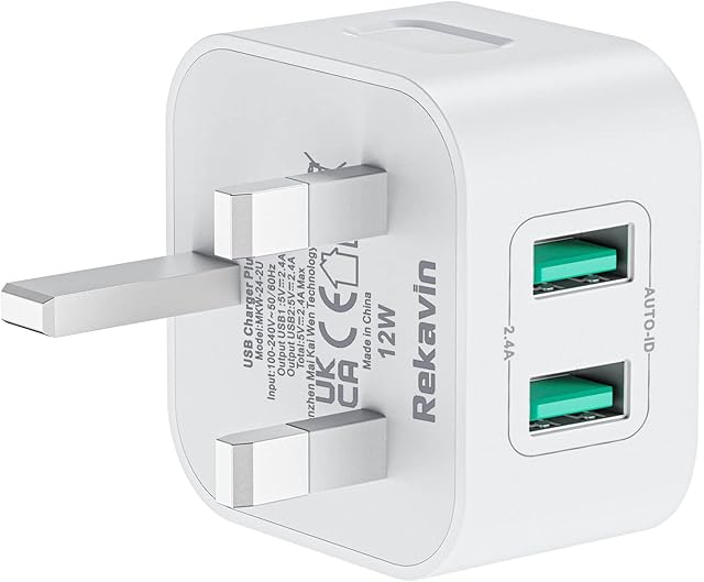 USB Plug Charger,Rekavin Dual Port USB Wall Plug Adapter UK Compact Mains Charge 5V/2.4A with Smart IC Fast Charging Technology for iPhone 14/13/13 Pro Max/12/11 Pro/Xs/XR/8/7,iPad,Samsung,Huawei etc