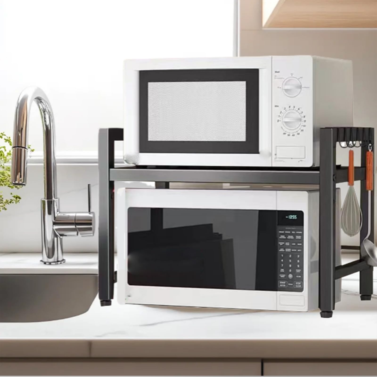 Étagère de Cuisine Télescopique en Acier Carbone pour Four à Micro-Ondes, Support de Four à Micro-Ondes Extensible, Micro-Ondes Rack Noir (Noir,2-Niveau)