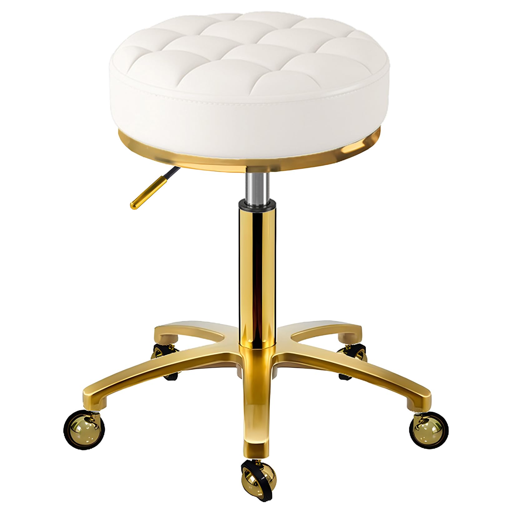 Sgabello Rotolante Girevole Dorato, Altezza Regolabile 43-55 cm, PU Pelle Sedia con Ruote, Telaio Placcato Oro, Girare Sedia per Cura dei Piedi, Tatuaggi (Bianco)