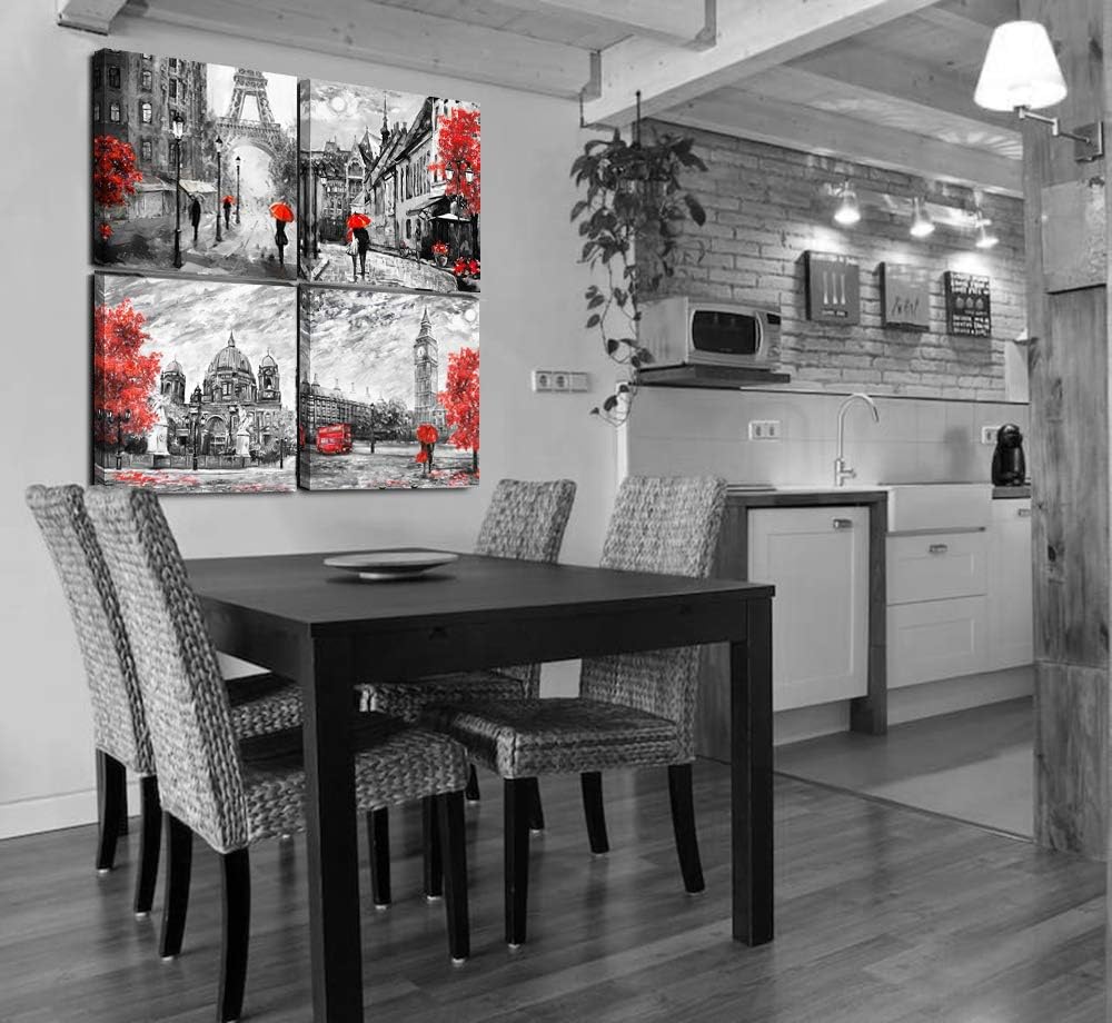 Paimuni Black White Red Contemporary Wall Art Big Ben Eiffel Tower Berlin Street Oil Painting Printed on Canvas Romantic Picture Framed Artwork Prints for Wall Decor 12x12 Inches