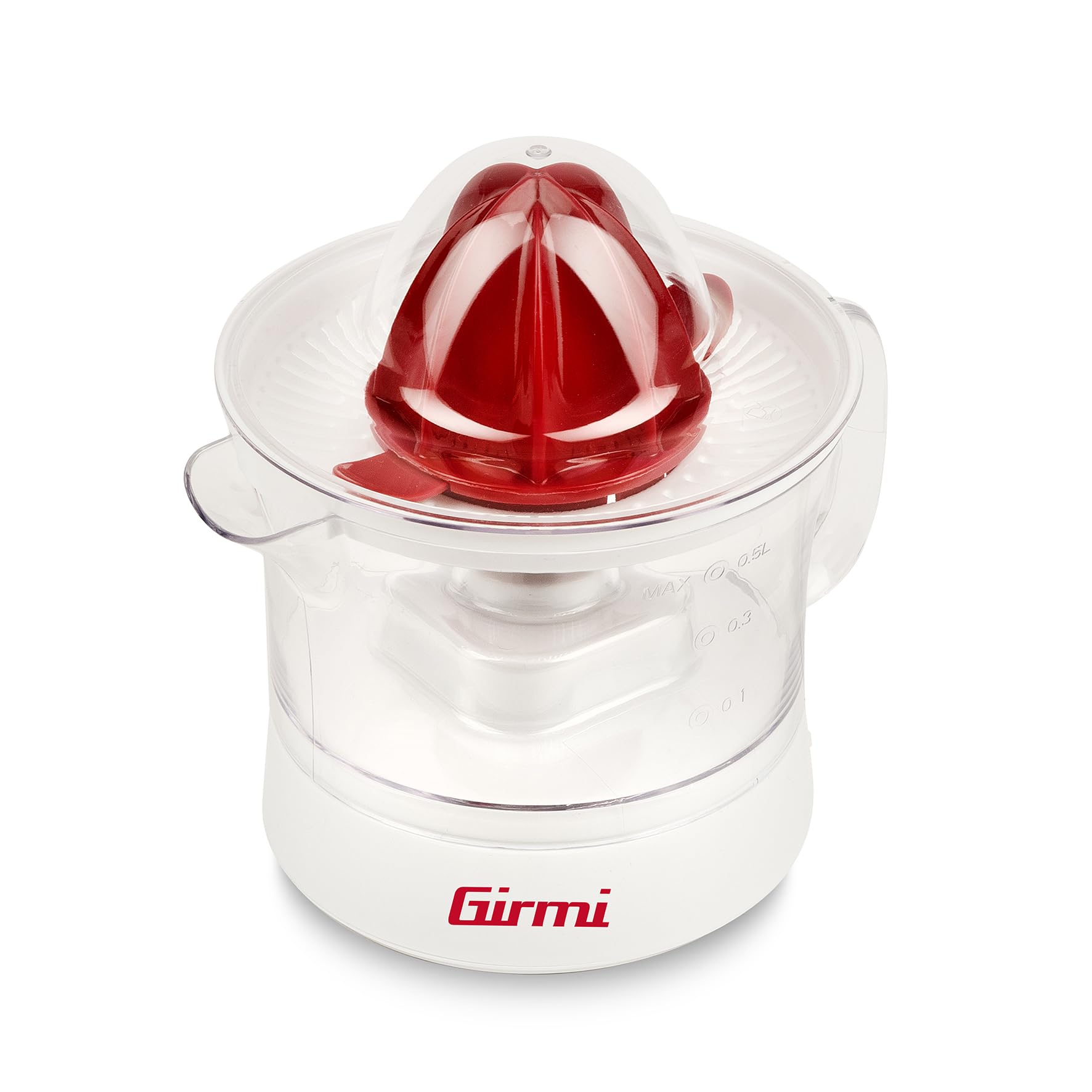 Girmi SR05 Spremiagrumi, 25W, Capacità 500cc, Griglia Filtrante, Doppia coppa di spremitura, Completamente smontabile e facile da pulire, Bianco/Rosso
