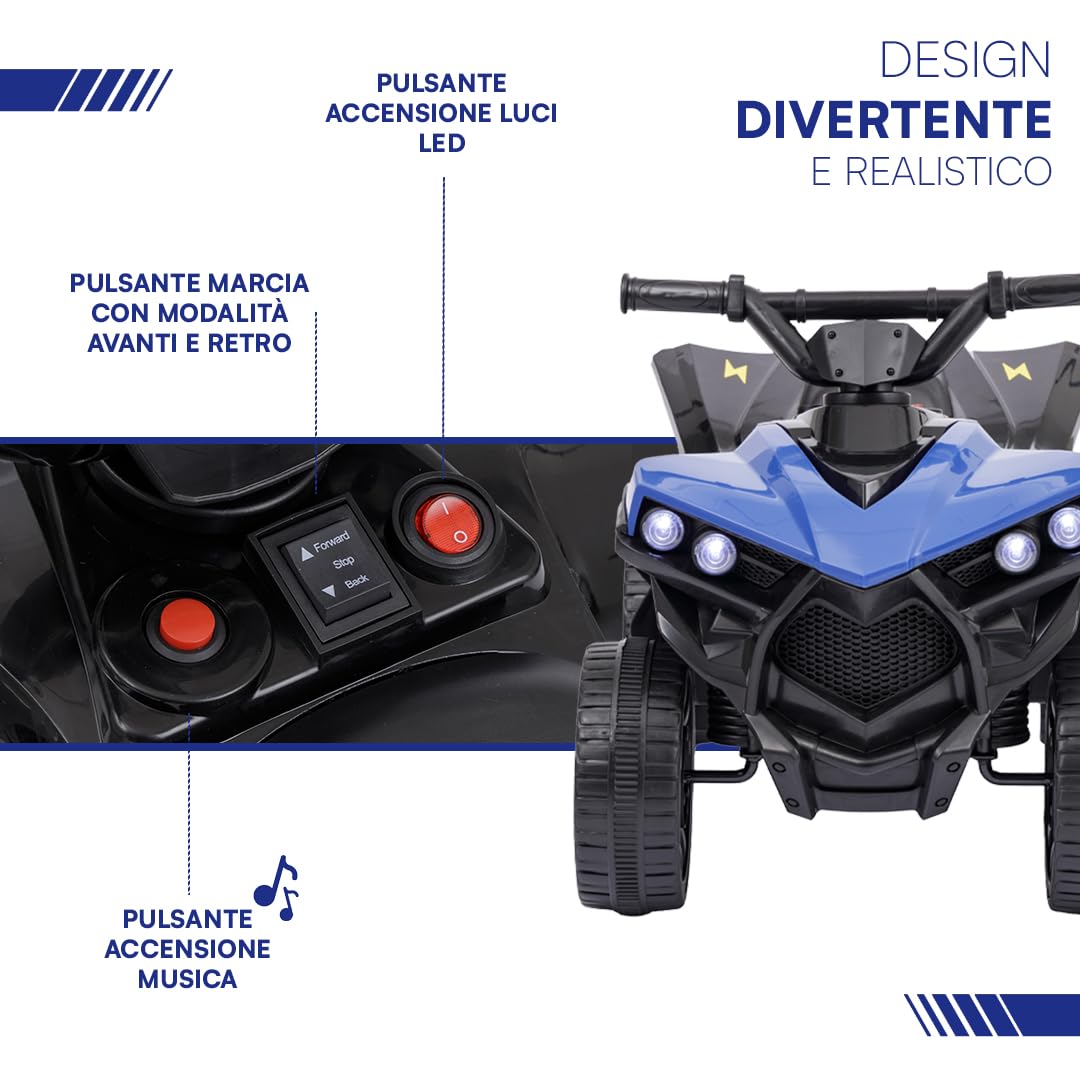 Baroni Toys Quad Elettrico per Bambini 1-4 Anni con Manubrio Sterzante, Musica e Luci Funzionanti, Quad con Modalità Avanti/Retro, Batteria 6 V Ricaricabile, Facile da Montare, 70x42x45 cm, Blu