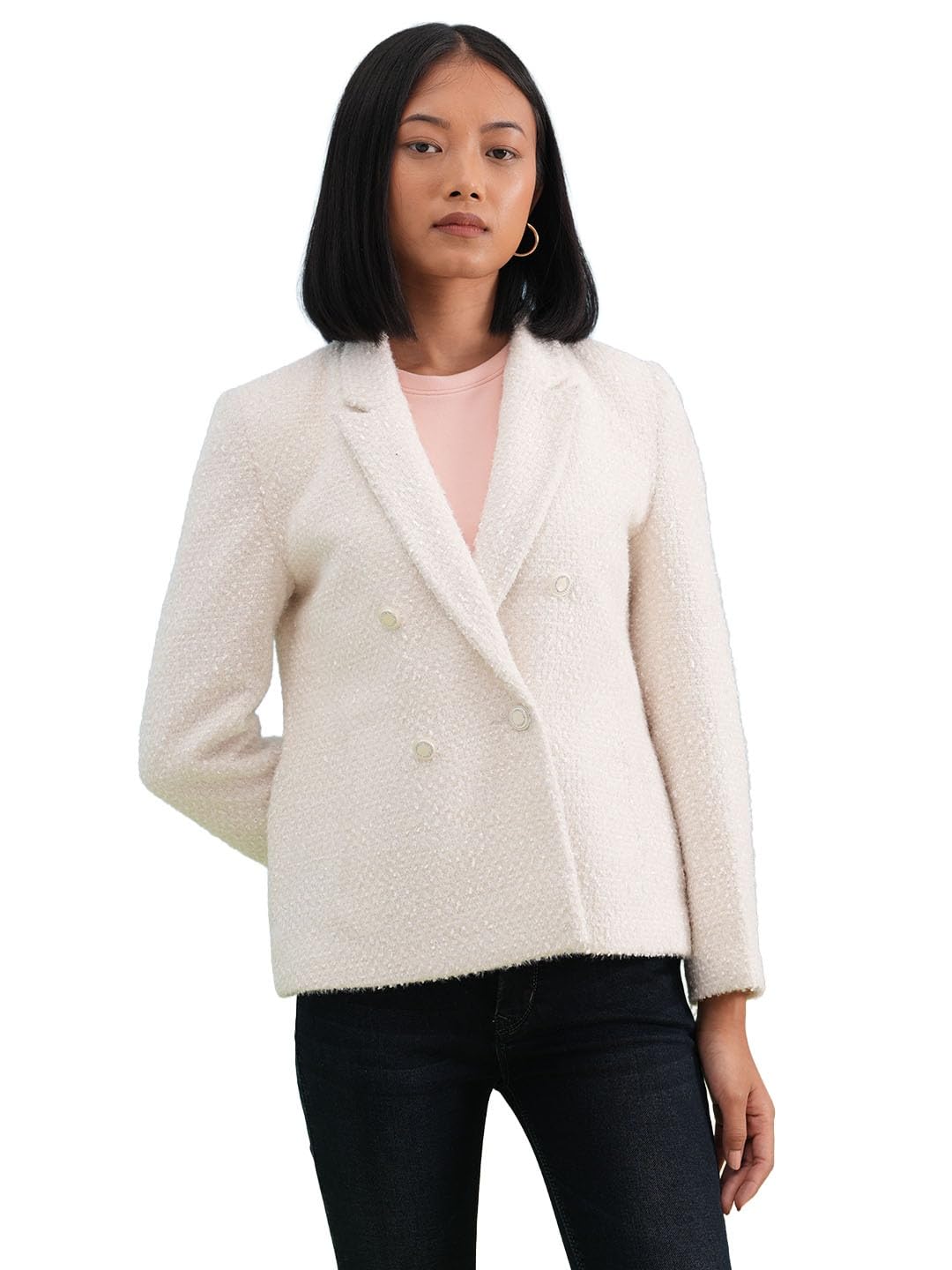 crimsoune club Women's White Jacquard Notched-Lapel Coat-picture-11