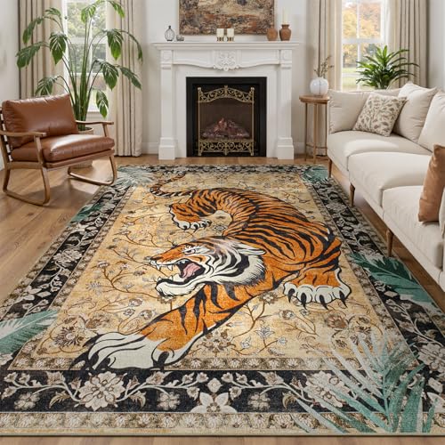 DCX Washable 6x9 Tiger Area Rug, Brown Vintage Animal Rug for Living Room, Soft Low Pile Carpet, Kid & Pet Friendly with Rubber Back Non Slip, Stain R