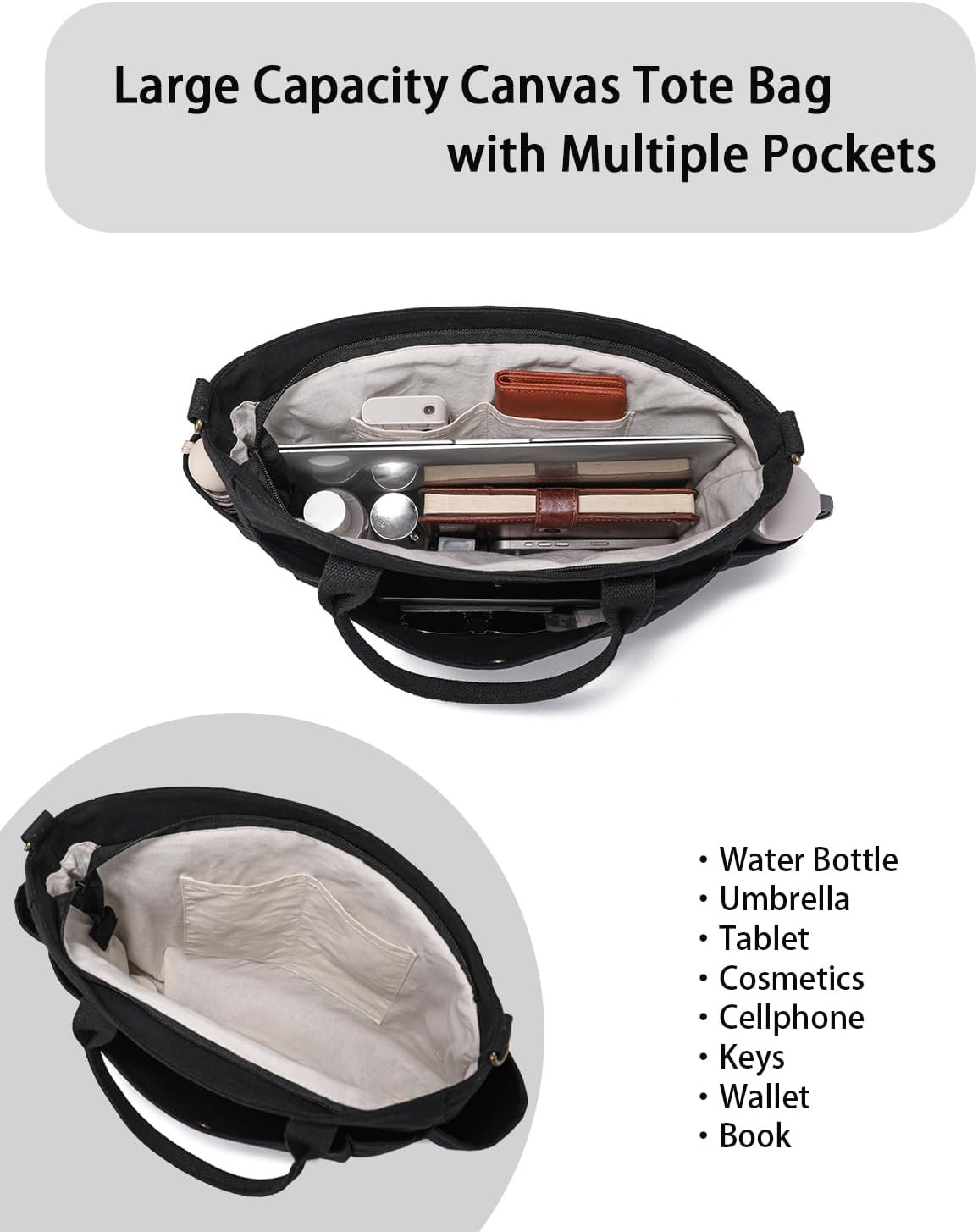 Utility 16oz Cotton Canvas Tote Bag for Women, Casual Crossbody Handbags, Shopping Shoulder Bags with Zipper Pockets - Image 6