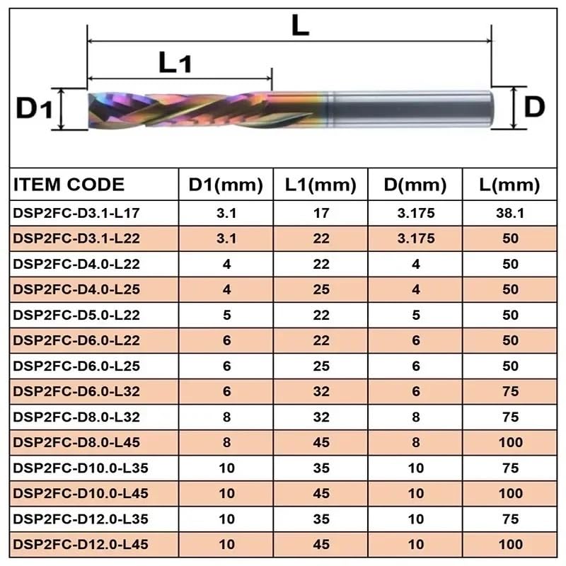 Frezy trzpieniowe z węglika spiekanego, Frezy z węglików spiekanych 2 ostrza w górę i dół 3,175-10 mm 38-75 do drewna routera CNC(DSP2FC-D8.0-L42)