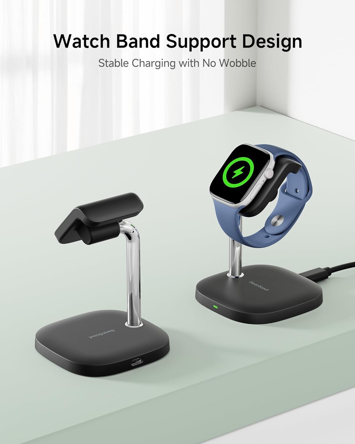 Two SwanScout 505A stands, one with an Apple Watch, highlighting the watch band support