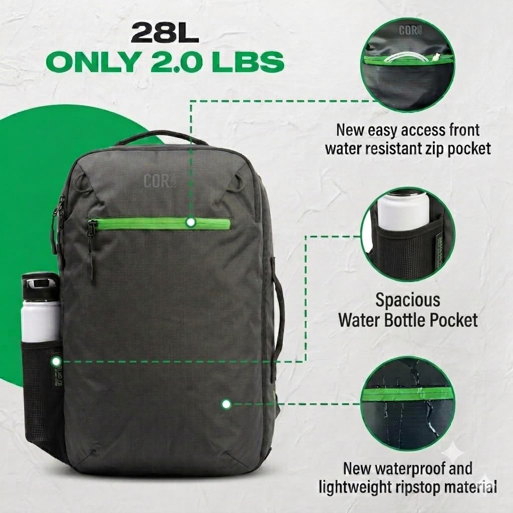 COR Surf The Island Hopper - Mochila de viaje en tamaño de equipaje de mano, cremalleras impermeables, compartimentos secretos, correas ergonómicas para el hombro, mochila para portátil, 2.0 Negro Con