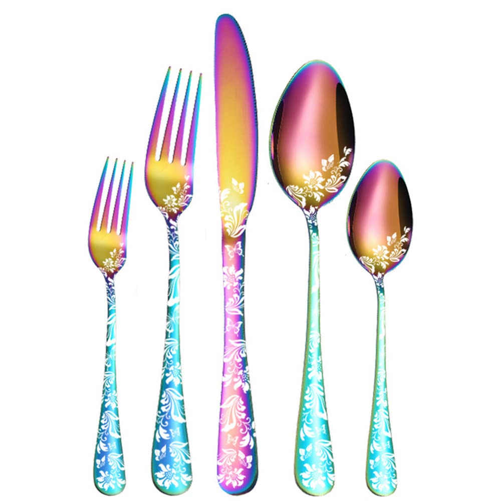 Juego de cubiertos, juego de cubiertos de acero inoxidable, plástico transparente, juego de cuchara, cuchillo y tenedor, juego de vajilla de cubiertos de cocina con estampado moderno galvanizado de 20