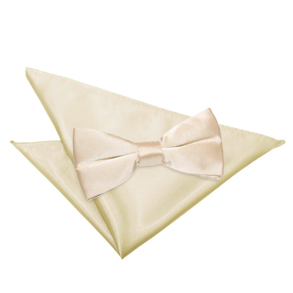 DQT Mens Plain Satin Pre-Tied Bow Tie & Pocket Square Set (2pc) - Wedding, Business & Formal - Champagne