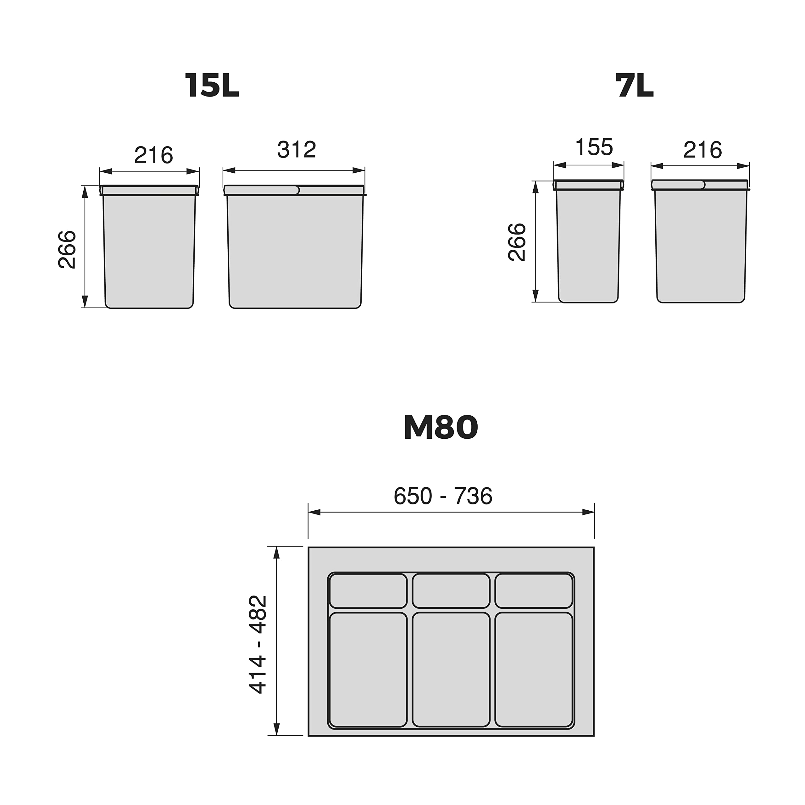 EMUCA - Contenedores de reciclaje, 15 L + 15 L + 7L + 7 L, módulo 800 mm, Plástico, Gris antracita, 4 ud. + Base