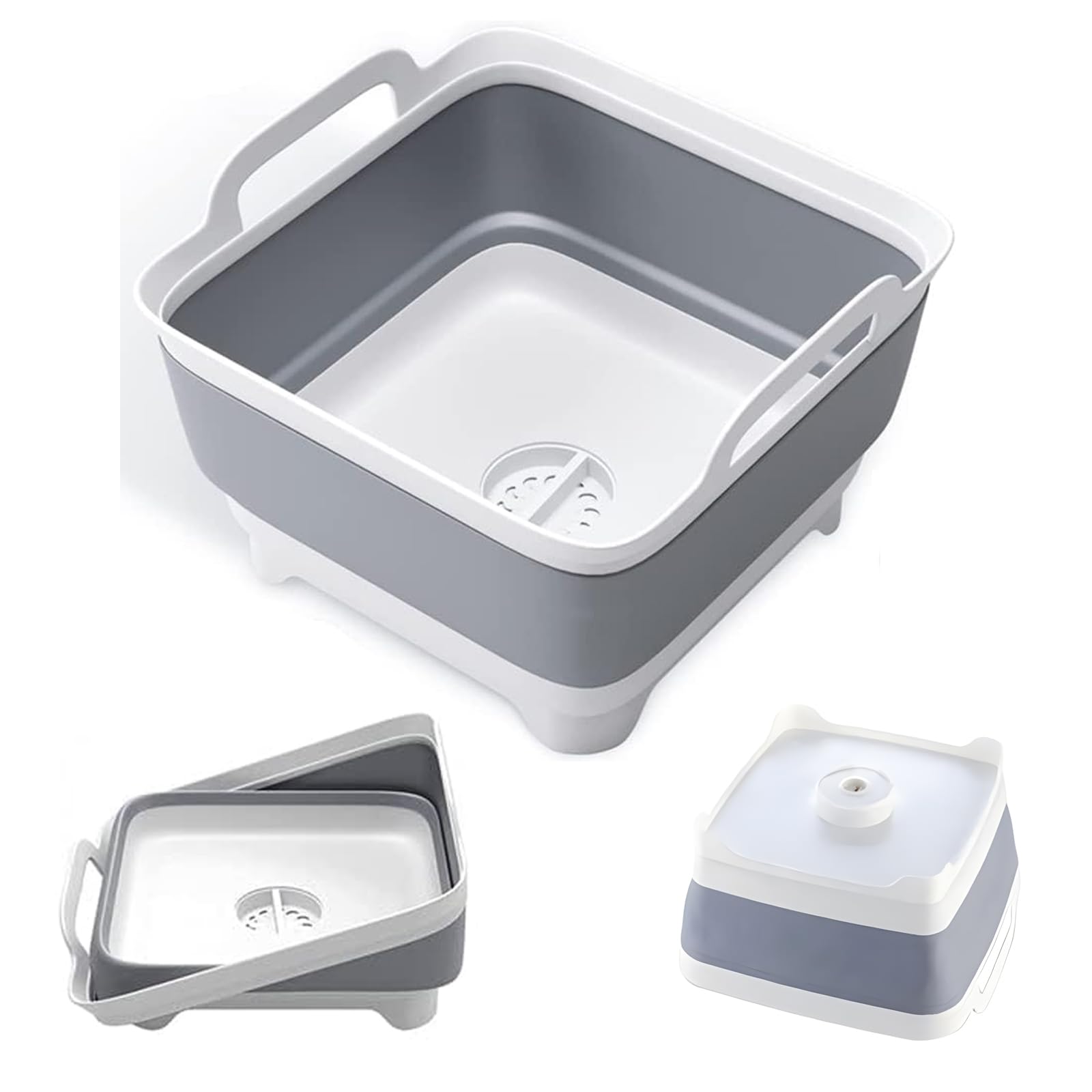 NBLE 9L Collapsible Dish Tub Portable Sink,with Draining Plug Strainers,Dishpan for Washing Dishes,Wash Basin,Foldable Laundry Tub,Dishpan for Kitchen Sink,Camping Dish Washing,Grey