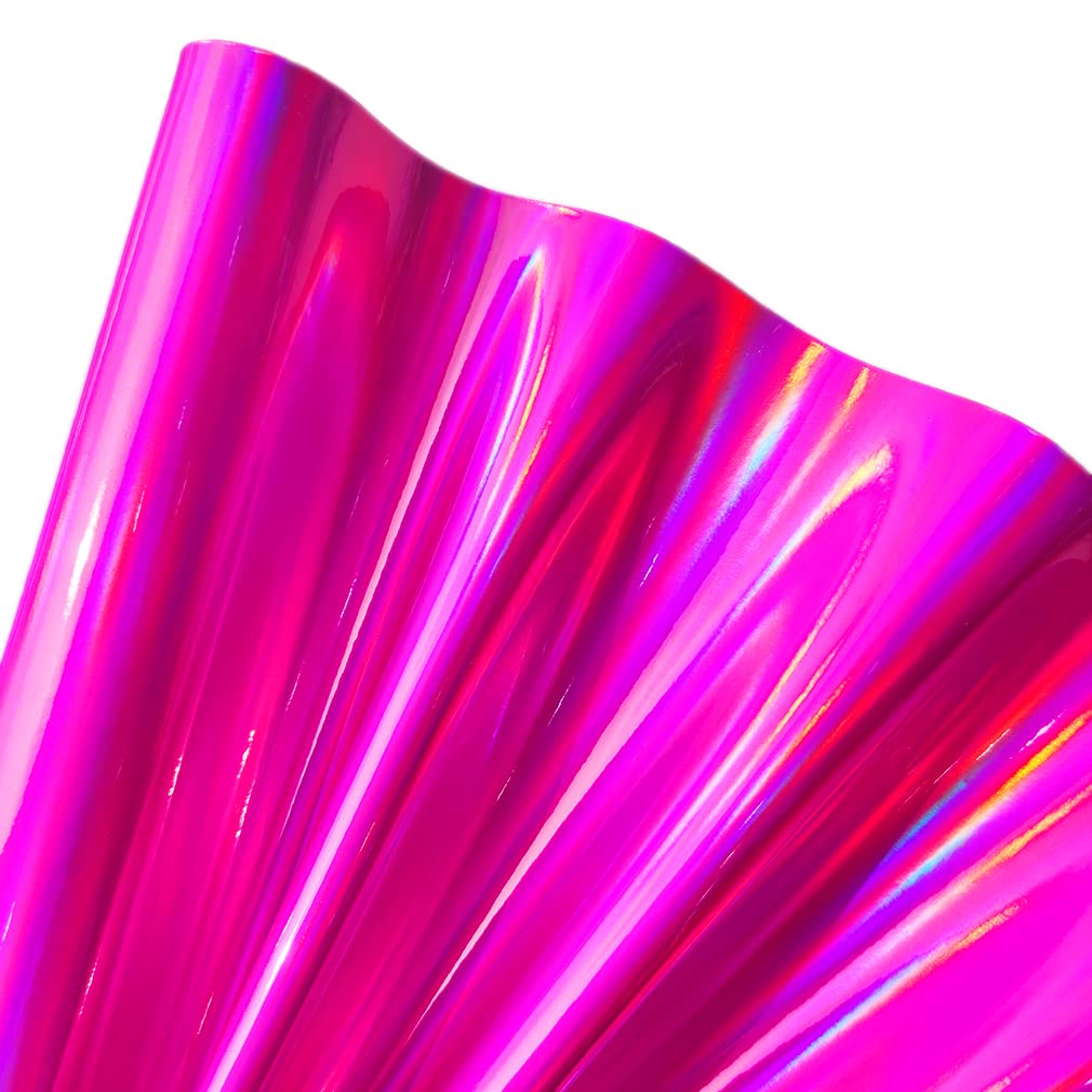 30x135cm Holographic Faux Leather Vinyl, Metallic Mirrored Crafts Fabric for Hair Bows Bags Keychains Making (Dark Pink)