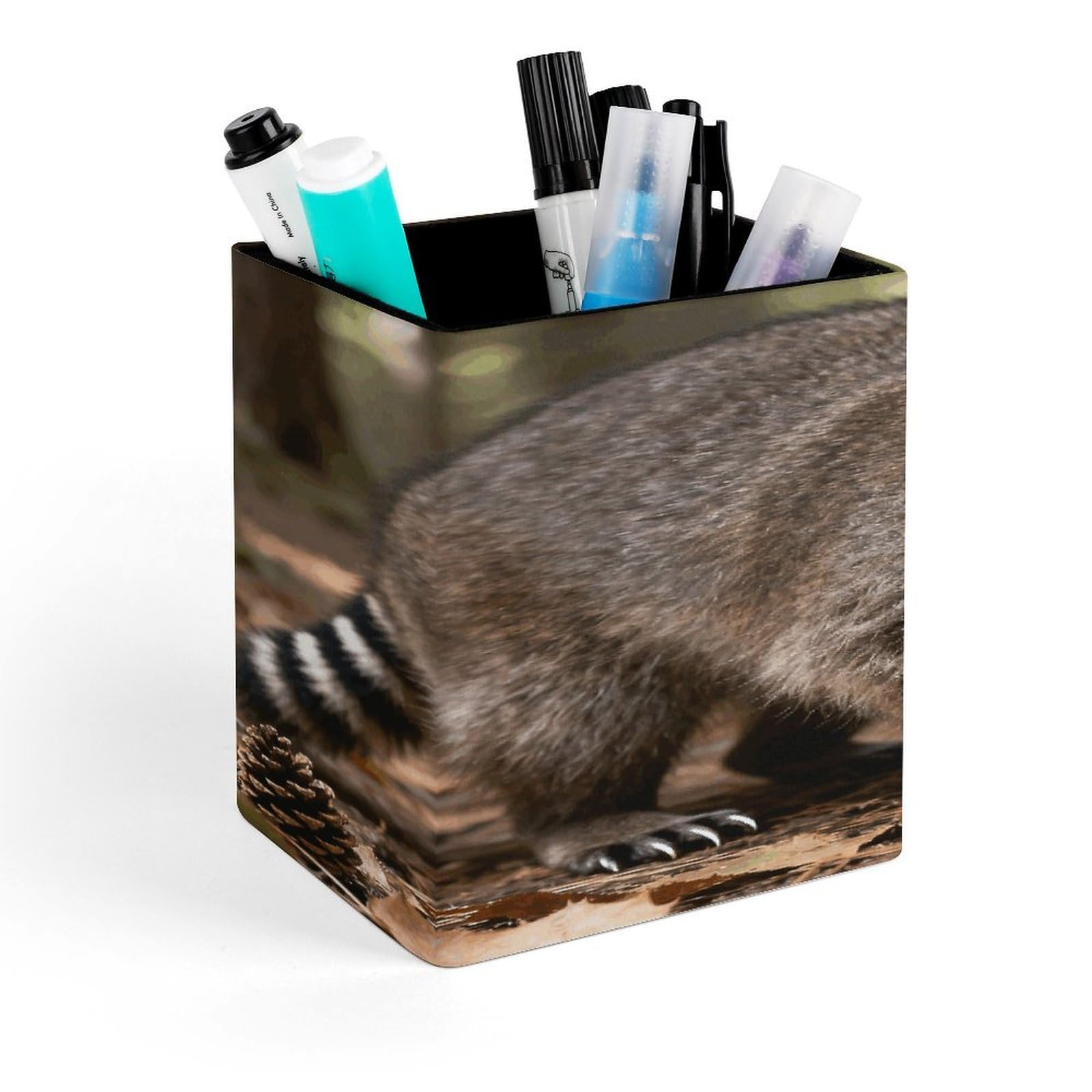 LZQPOEAS Raccoon Square Pen Pencil Holder PU Leather Pencil Cup Desktop Stationery Organizer Office Accessories Container