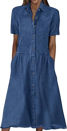 utcoco Womens Denim Dress Lapel Short Sleeve Frayed Hem Jean Dresses Oversized Button Down A Line Shirt Dress