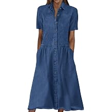 utcoco Womens Denim Dress Lapel Short Sleeve Frayed Hem Jean Dresses Oversized Button Down A Line Shirt Dress