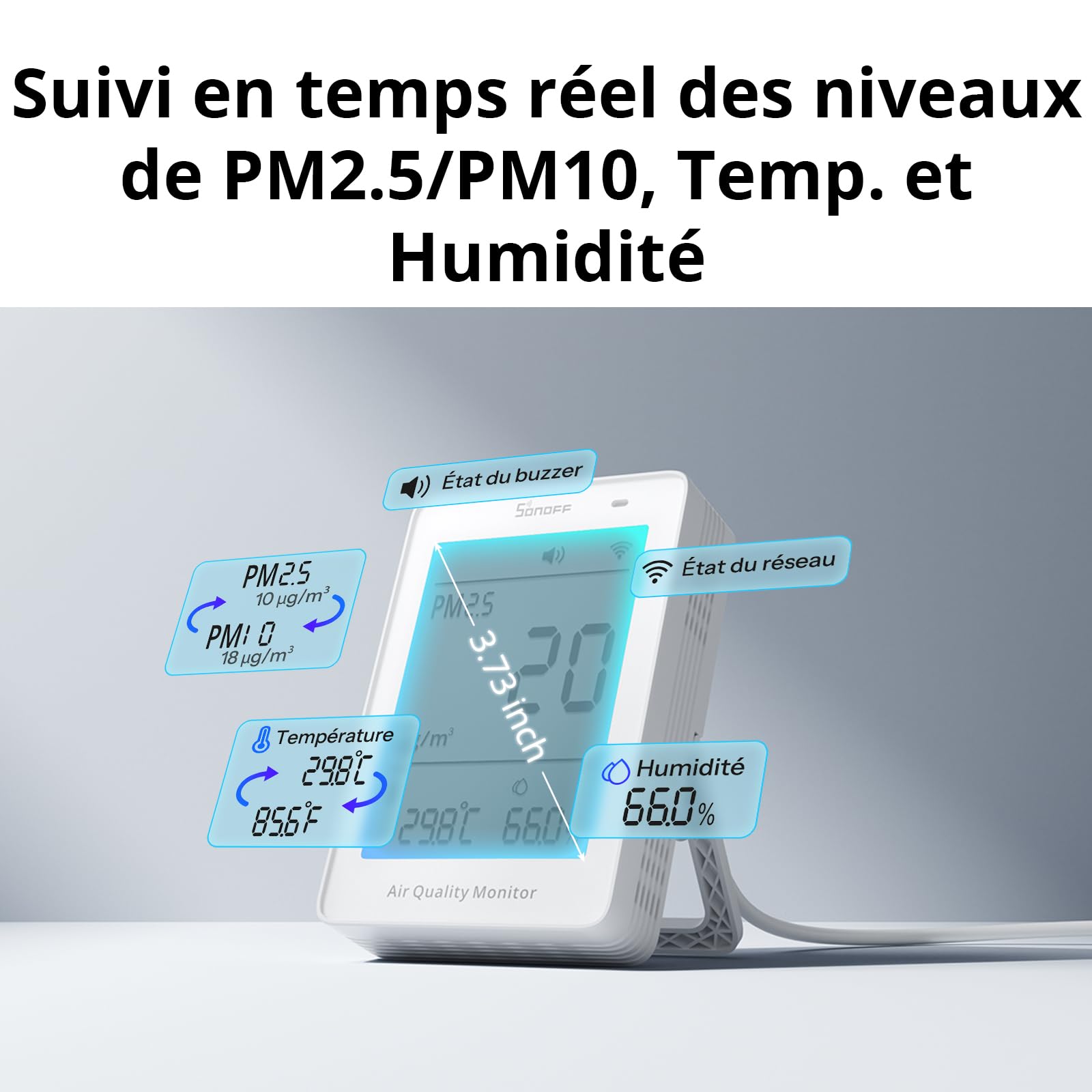 SONOFF Moniteur intelligent de qualité de l'air, PM2.5, détecteur PM10, temp/humidité, affichage en temps réel et alarme