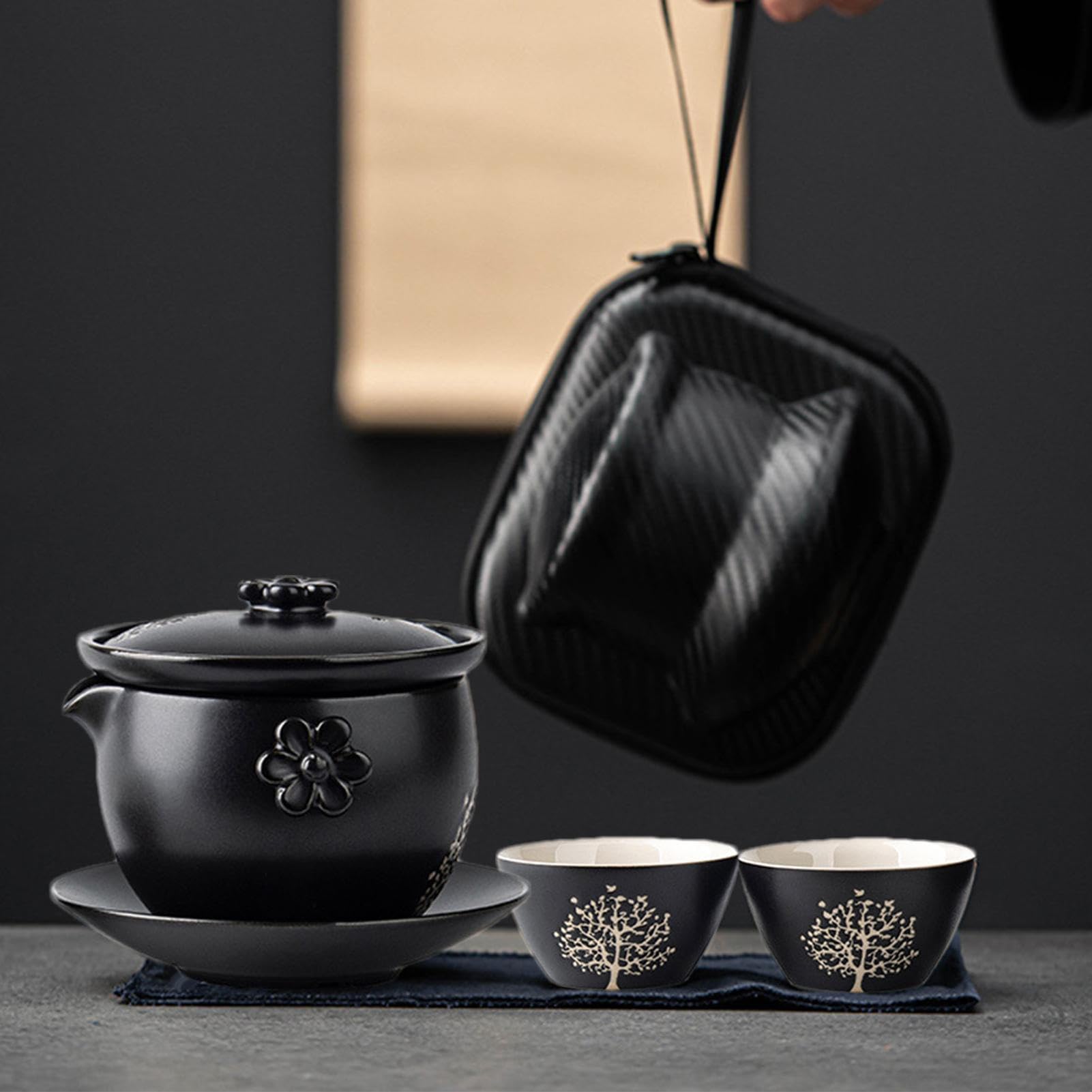 Juego de té japonés, tazas de té de cerámica, juego de té portátil apilable, juego de té de cerámica, antideslizante, para preparar té negro, té verde Pu-erh Oolong