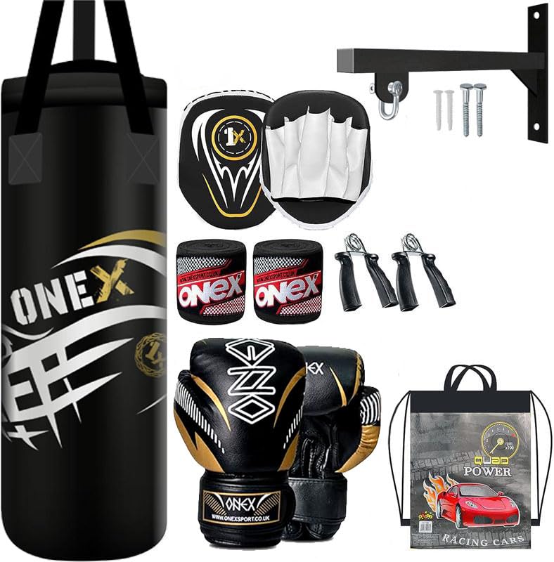 Kids Boxing Set 2ft Punch Bag for Kids with Wall Mount, Boxing Gloves for Children, Focus Pads, Hand Wraps, Grip Strengtheners & Carry Bag Complete Home Training Kit for Boys & Girls (Black)