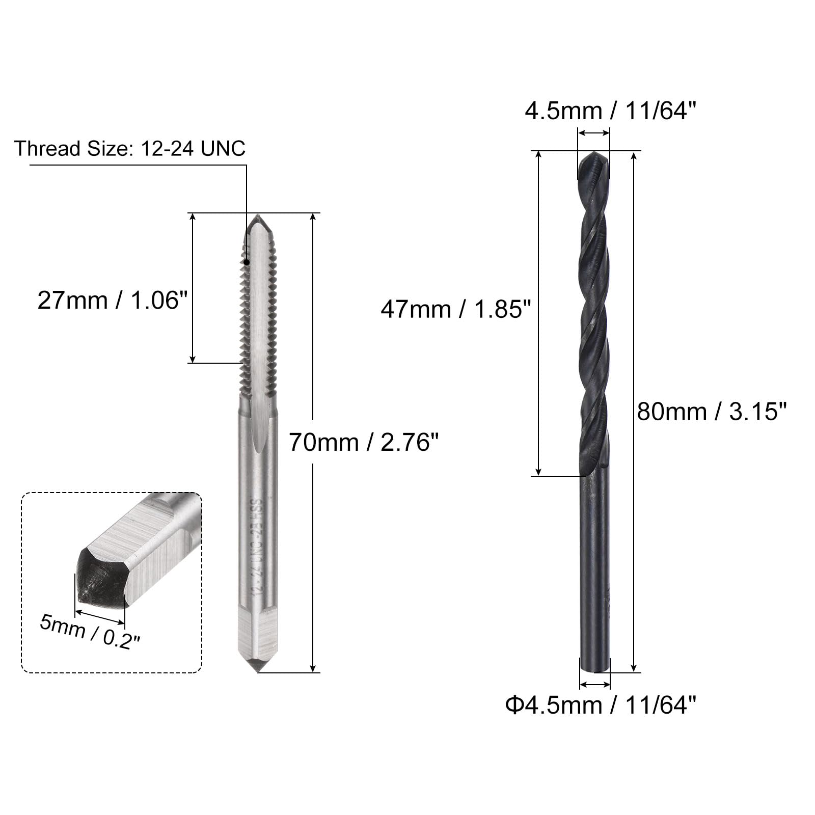 Set di Maschi e Punte da Trapano, Maschio filettato UNC 12-24 e Punta elicoidale in ossido Nero da 11/64", Kit di Utensili per la Riparazione di filettature e Maschi a scanalatura Dritta