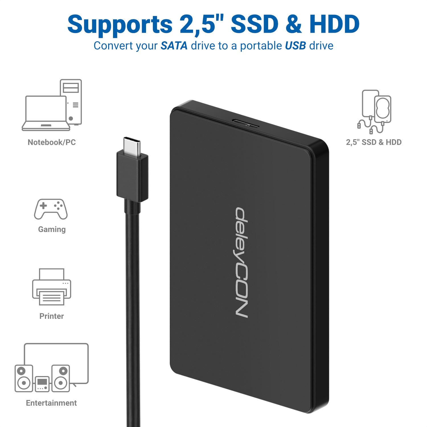 deleyCON Obudowa SSD USB C (5Gbps USB 3.1) do Dysków SATA 3 2,5" SSD / HDD / 7 mm do 9,5 mm SATA III Obudowa Zewnętrzna UASP [Czarna]