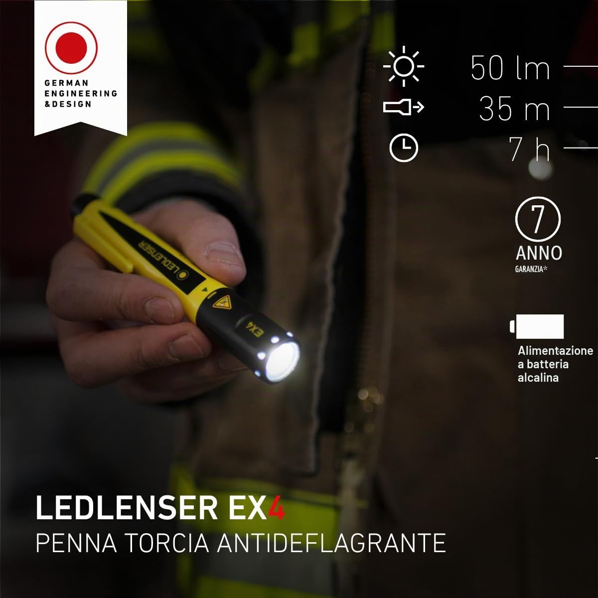 Ledlenser EX4 Torcia ATEX Zona 0, 50lm, Batterie AAA, IP66 | Certificata ATEX, autonomia fino a 7h, 1 modalità, per zone esplosive, serbatoi di carburante e silos per cereali