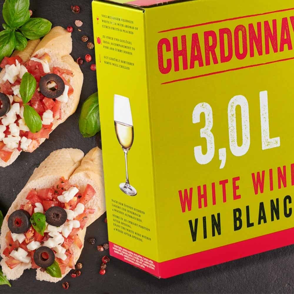 Neon Chardonnay, trocken, Bag-in-Box, sortenreines Weinpaket + VINOX Winecards (4x3,0l)