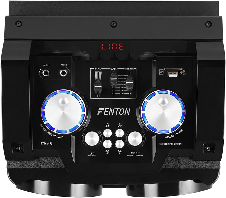 Rear panel of Fenton LIVE102 speaker showing power input, RCA line input, and antenna