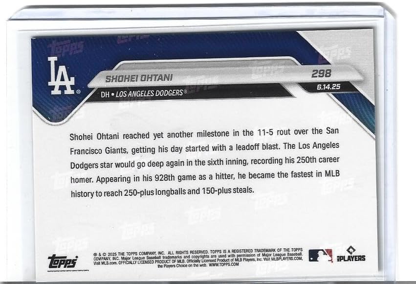 2025 Shohei Ohtani Baseball Card #298 As He Hits His 250th Home Run Dodgers 4 Time Mvp Superstar