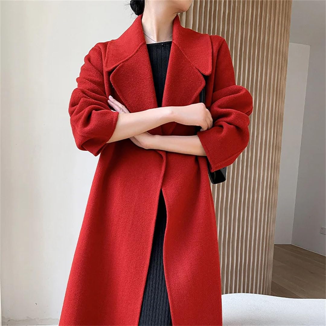 Abrigo largo de lana reversible de lana para mujer, abrigo largo de invierno con bolsillos y cinturón