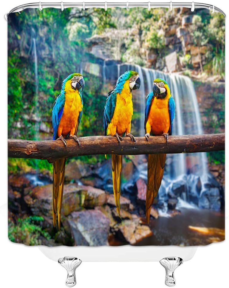 Sunhe Tropical Birds Parrot Shower Curtain Nature Forest Waterfall Colorful Bird on The Branch Natural Landscape Fabric Bathroom Decor Curtain Sets with Hooks,Green Yellow