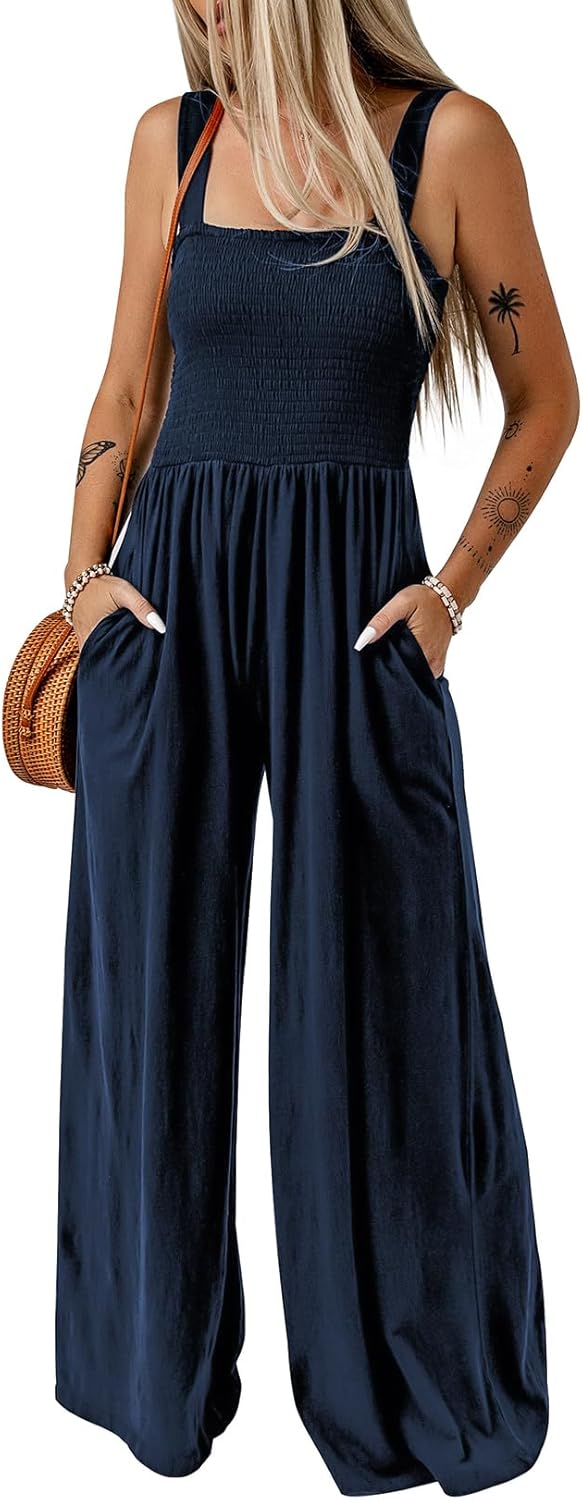 Dokotoo Women's Casual Loose Overalls Jumpsuits One Piece Sleeveless Wide Leg Long Pant Rompers With Pockets
