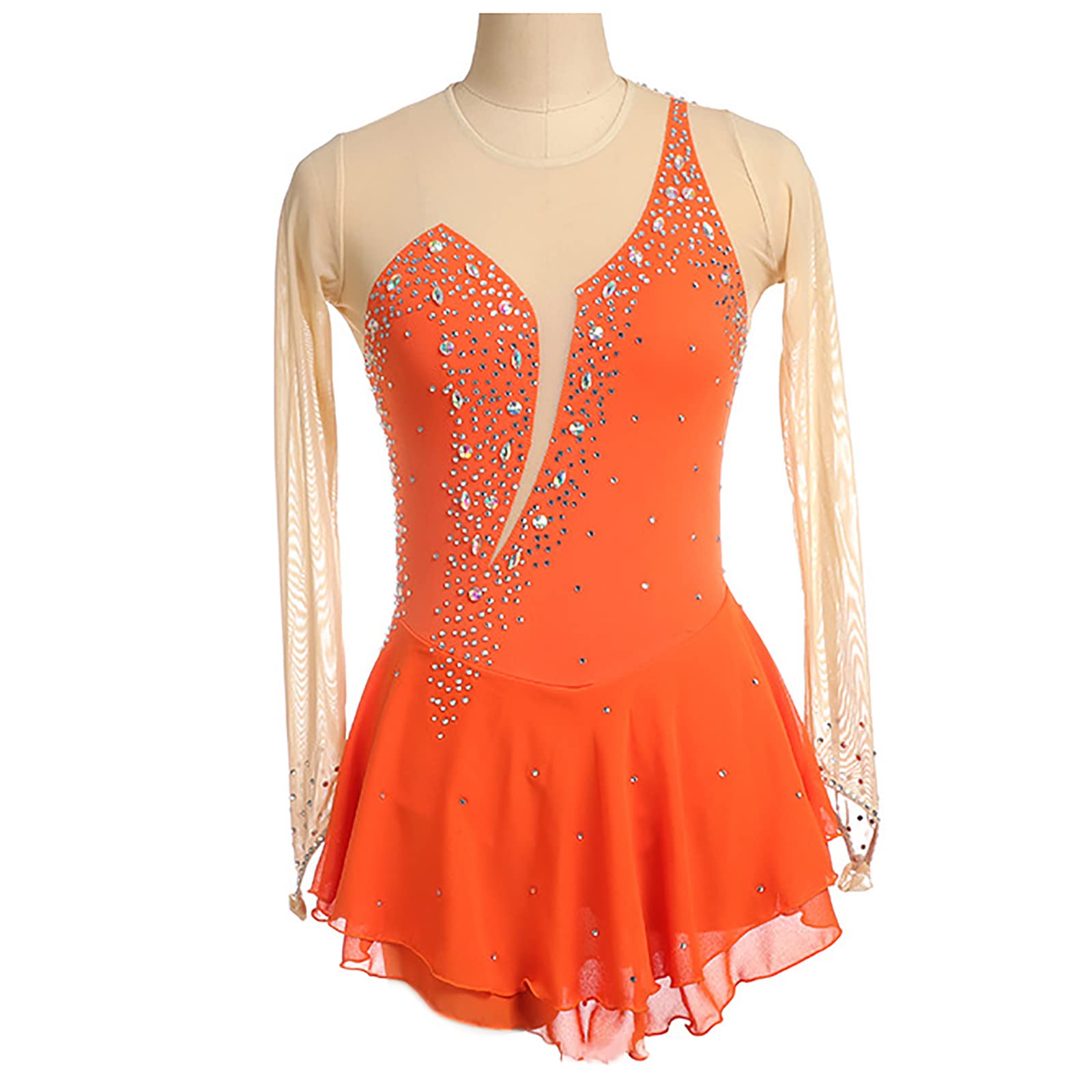 Vestido Patinaje Artístico con Cristales Strass Mujeres Manga Larga Competición Gimnástica Ropa de Baile(Size:3XL,Color:Naranja)