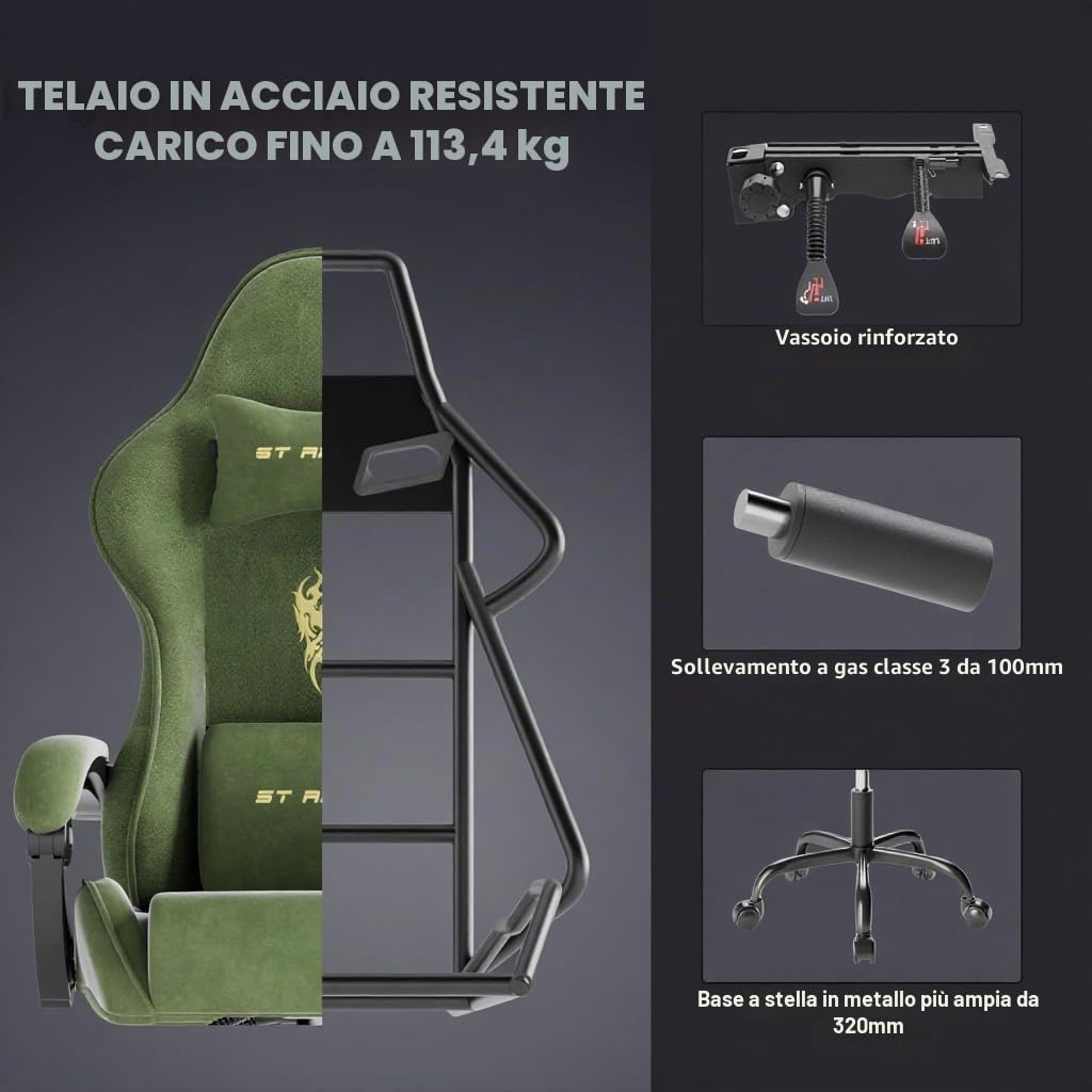 Huracan Sedia da gaming con massaggio lombare, Sedia da Gamer ergonomica, in tessuto di velluto, Poltrona da Gaming con poggiatesta regolabile e cuscino lombare, poggiapiedi, verde
