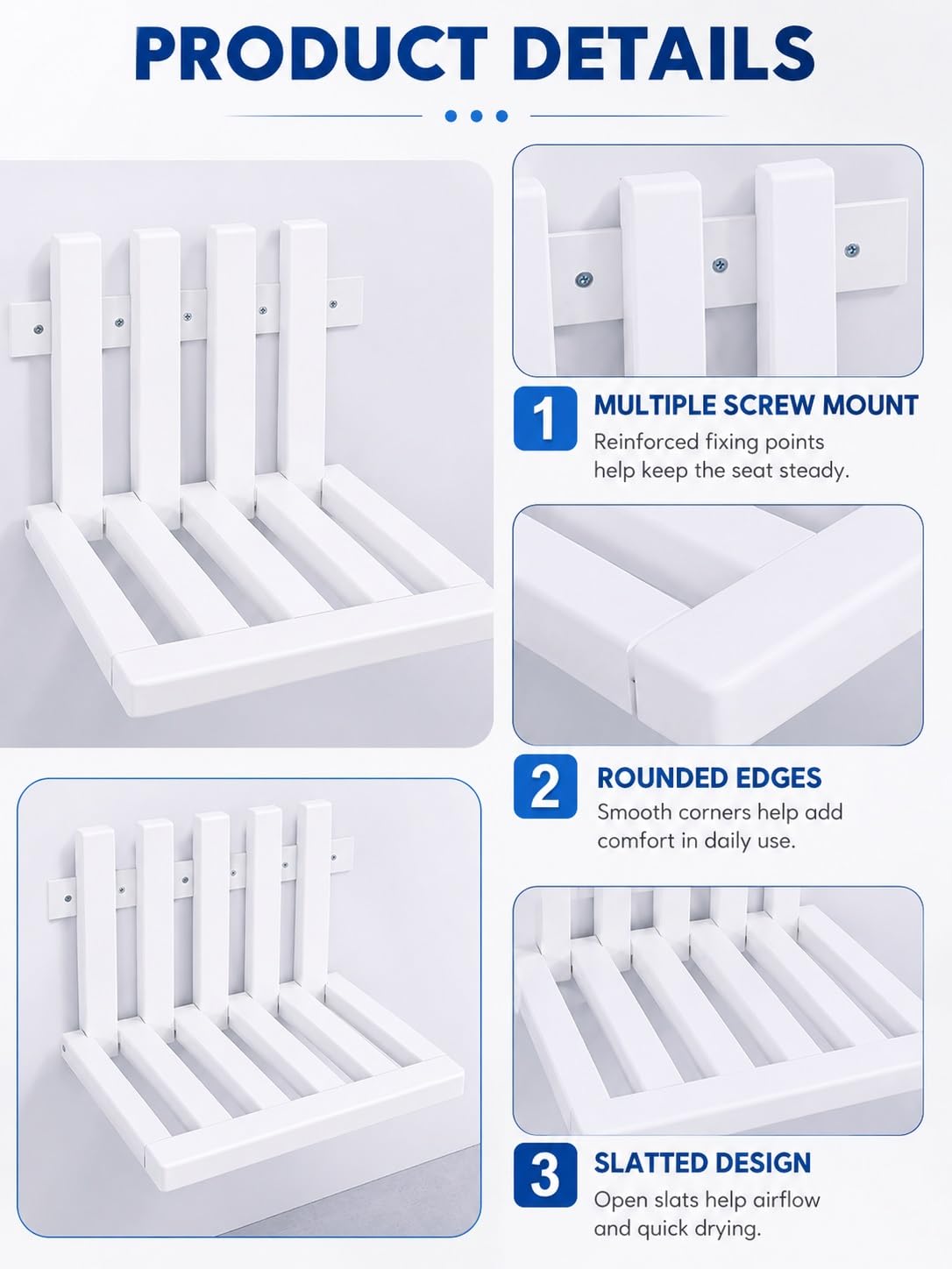 Genérico Asiento de Ducha Plegable de Pared, Taburete Abatible con Listones, Silla Compacta Ahorro de Espacio para Baño, Dormitorio, Balcón y Pasillo(Blue,H-35 CM)