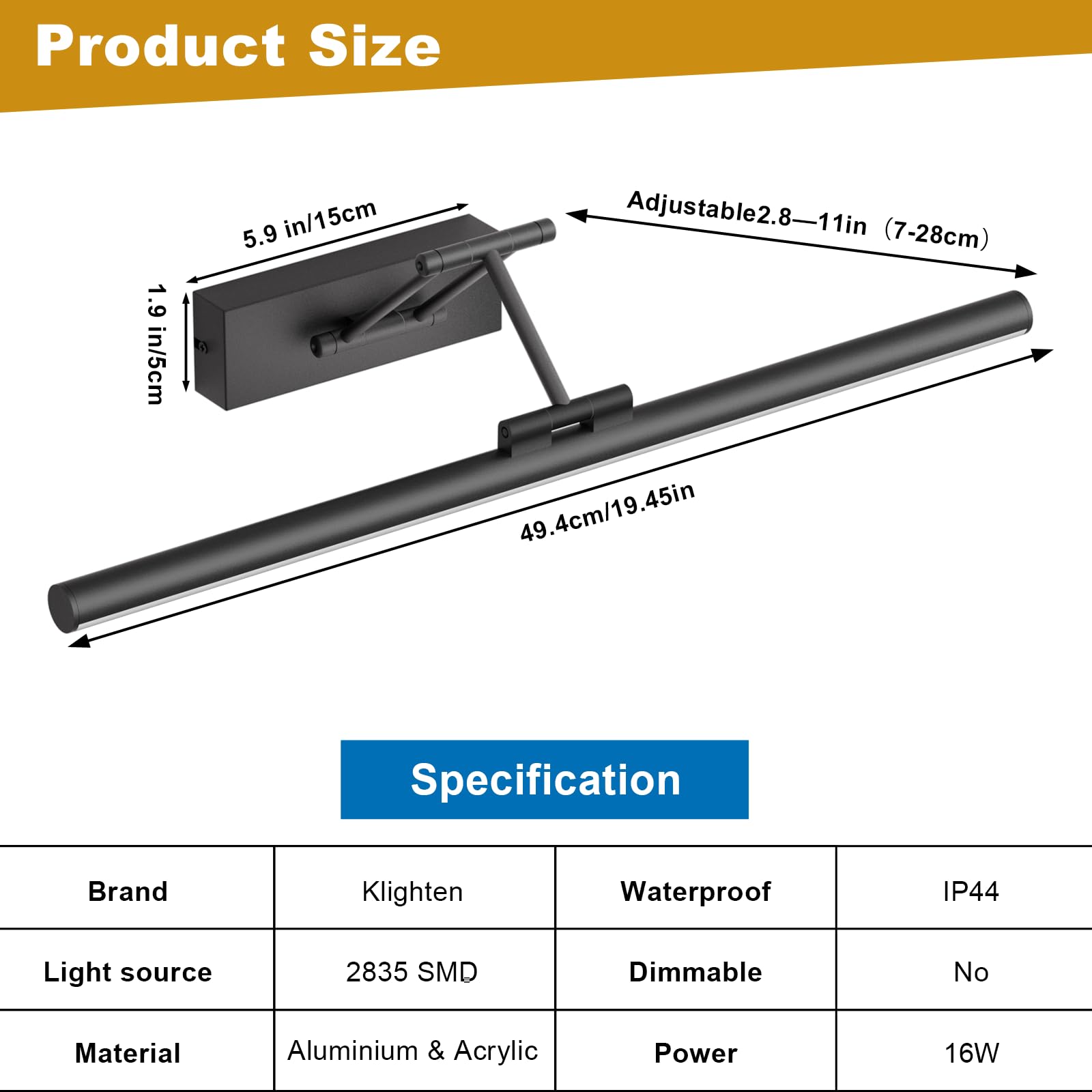 Klighten Lampa lustrzana LED łazienkowa 50 cm, obrotowe lampy lustrzane do łazienki IP44, oświetlenie lustra łazienkowego 16 W 1200 lm, oświetlenie lustra łazienkowego LED